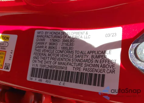 2023 Honda Civic Sport z USA, uszkodzony, nr VIN 19XFL2H80PE009418